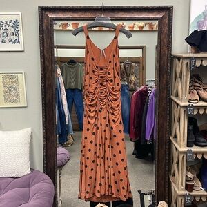 ANTHROPOLOGIE BROWN RUCHED POLKA DOT MIDI DRESS SIZE S